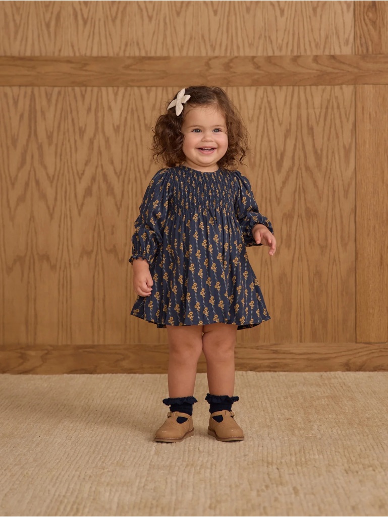 Smocked Navy Floral Long-Sleeve Dress For Girls